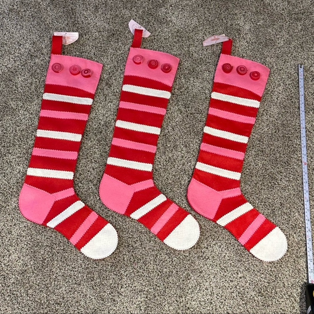 WHIMSY TRIMS Set of 3 Red & Pink whimsical Felt Stockings 23 x 6 inches NEW!